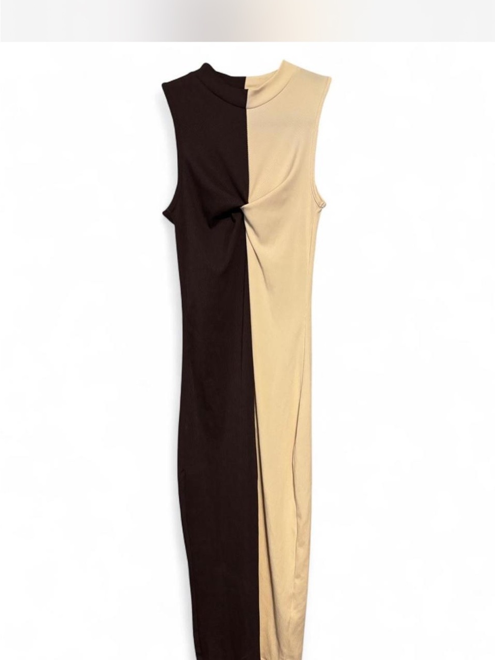 Two Tone Split Mock Neck Twist Front Maxi Dress - Brown & Cream Size Medium